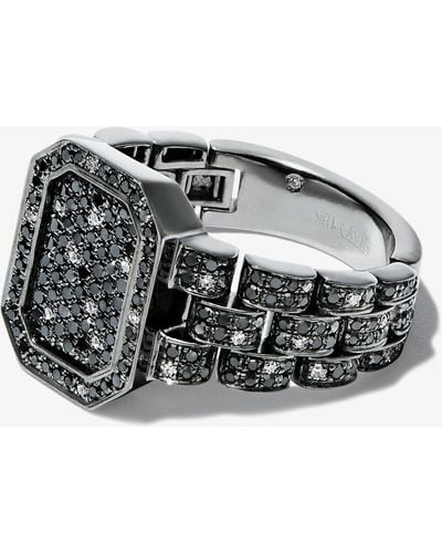 SHAY 18k Black Gold Twinkle Rail Link Diamond Signet Ring - Men's - Diamond/18kt White Gold