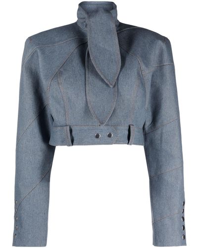 Aleksandre Akhalkatsishvili Pussy-bow Collar Denim Jacket - Blue