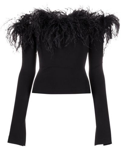 16Arlington Feather-trimmed Off-shoulder Top - Black