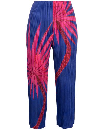 Pleats Please Issey Miyake Palm Tree-print Pleated Trousers - Blue