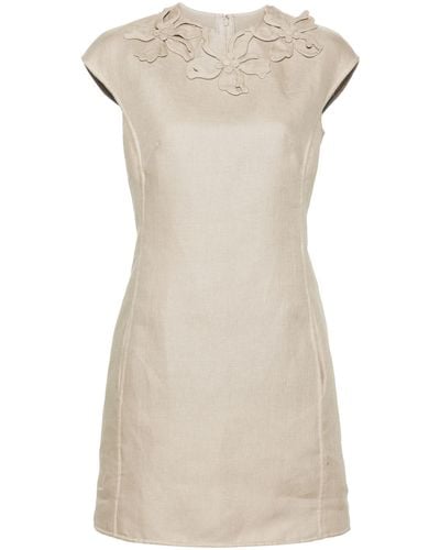 Valentino Garavani Neutral Floral-appliquéd Mini Dress - Women's - Linen/flax/cotton/polyester - Natural