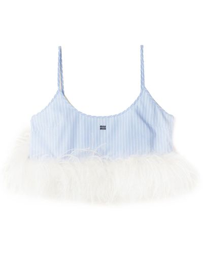 Miu Miu Striped Feather-trim Crop Top - Women's - Cotton - Blue