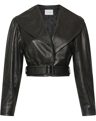 FRAME Belted Cropped Leather Jacket - Black