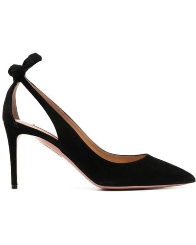 Aquazzura Bow Tie 85 Suede Court Shoes - Women's - Calf Leather/kid Leather - Black