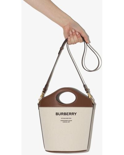 Burberry White And Brown Small Canvas And Leather Bucket Bag