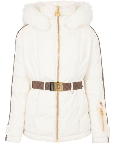 Balmain Belted Hooded Faux Fur And Jacquard-trimmed Shell Ski Jacket - Natural