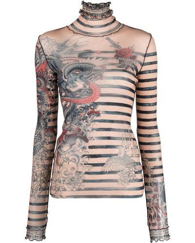 Jean Paul Gaultier Graphic-print Striped Top - Natural