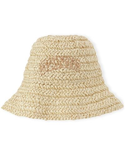 Ganni Neutral Embroidered Straw Bucket Hat - Natural