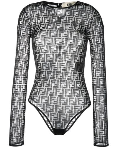 Fendi Ff-print Sheer Bodysuit - Women's - Polyamide/elastane - Gray