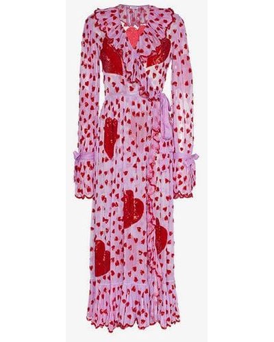 Ashish Sequin Heart Embellished Maxi Wrap Dress - Pink