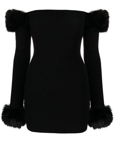 Danielle Guizio Faux Fur Off-the-shoulder Knitted Mini Dress - Black