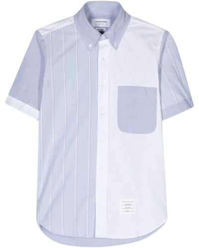 Thom Browne Blue And Half-striped Short-sleeved Cotton Shirt