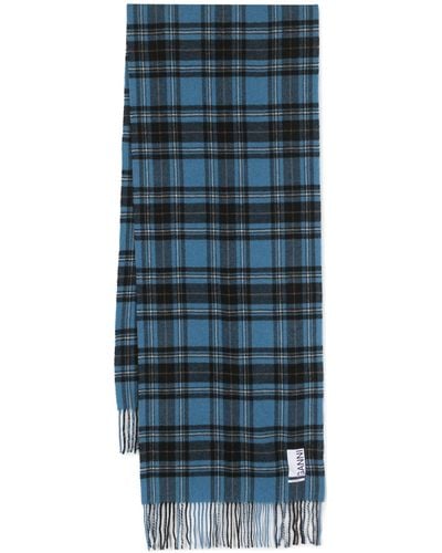 Ganni Logo-patch Check-pattern Scarf - Blue