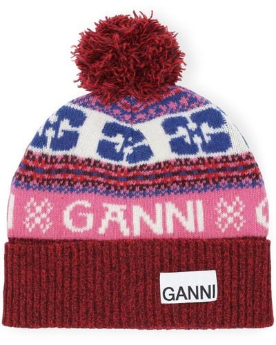 Ganni Patterned-intarsia Knitted Beanie - Red