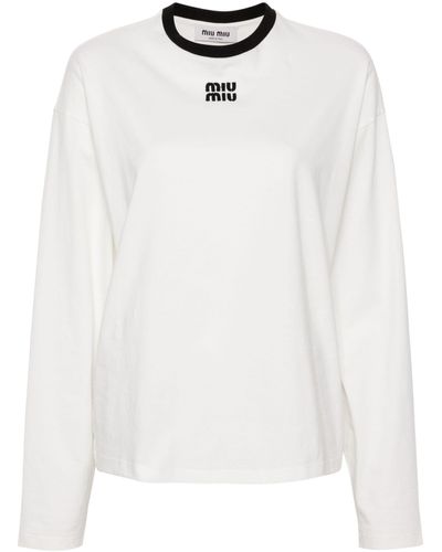 Miu Miu Logo Embroidered Cotton T-shirt - White