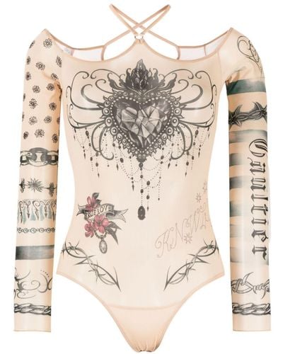 Jean Paul Gaultier Trompe L'oeil Tattoo Print Bodysuit - Natural