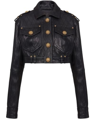 Balmain Quilted Leather Cropped Jacket - Black
