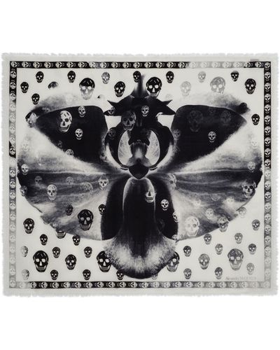 Alexander McQueen Classic Skull Scarf With Orchid Print In Ivory And Black