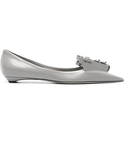 Prada Floral-appliqué Leather Ballerina Shoes - Grey