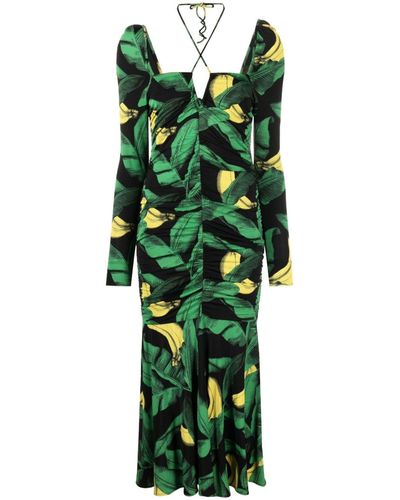 Ganni Leaf-print Ruched Midi Dress - Women's - Viscose/spandex/elastane - Green