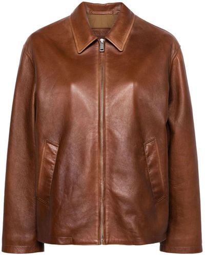 Prada Triangle-logo Leather Jacket - Women's - Cotton/lambskin - Brown