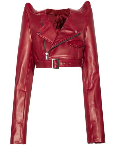 Rick Owens Black Tec Cropped Leather Biker Jacket - Red