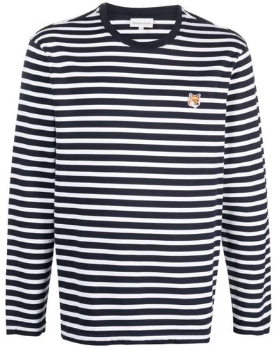 Maison Kitsuné Fox Head Striped T Shirt - Blue