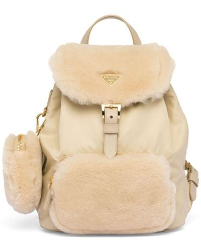 Prada Neutral Shearling-panelled Leather Backpack - Natural
