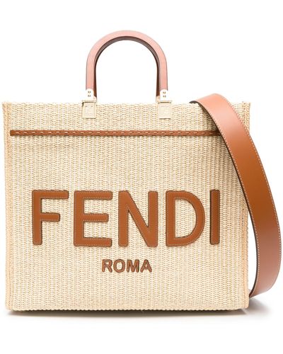 Fendi Beige Logo Patch Tote Bag - Women's - Calf Leather/straw - Natural