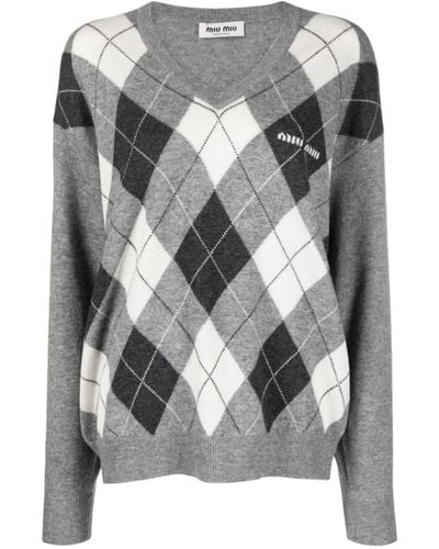 Miu Miu Argyle Cashmere Sweater - Gray