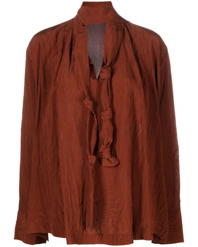 Lemaire Crinkled Tie-neck Blouse - Women's - Viscose - Brown