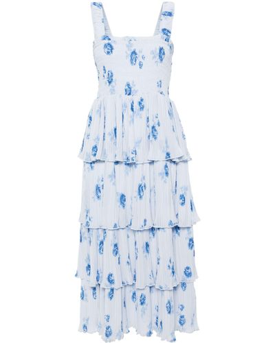 Ganni Floral-print Pleated Midi Dress - Blue