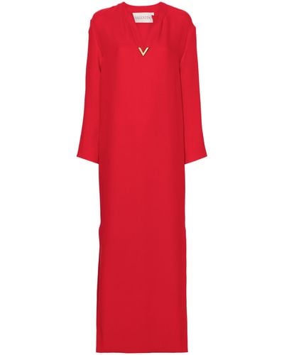 Valentino Garavani V-neck Logo-plaque Silk Gown - Red