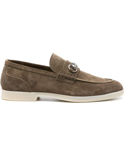 Gucci Green Horsebit Suede Loafers - Brown