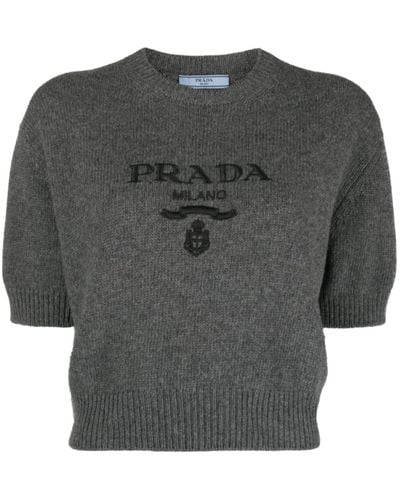 Prada Logo-embroidered Knit Top - Grey