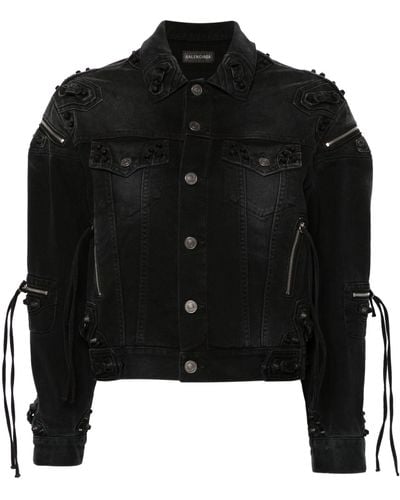 Balenciaga Studded Fringed Denim Jacket - Black