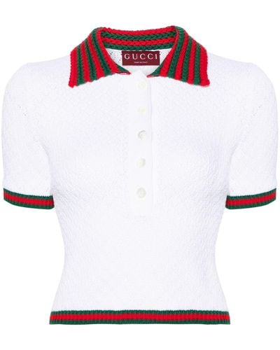 Gucci Web-trim Crochet-knit Polo Top - White