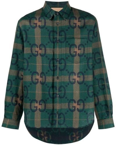 Gucci Checked Monogram-print Shirt - Green