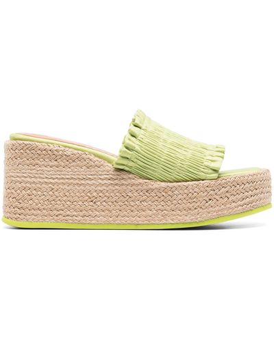 Ganni Smocked Espadrille Wedge Sandals - Green