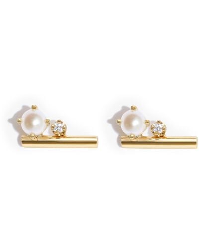 Zoe Chicco 14k Yellow Pearl And Diamond Bar Stud Earrings - Metallic