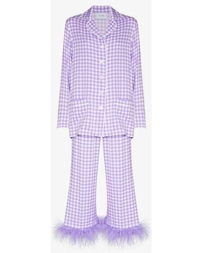 Sleeper Party Gingham Feather Cuff Pajamas - Purple