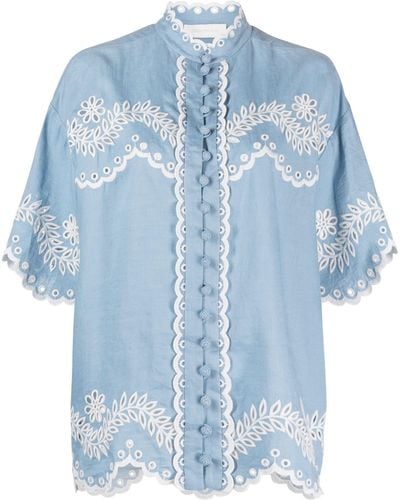 Zimmermann Junie Floral-embroidered Linen Shirt - Women's - Cotton/linen/flax/polyester - Blue