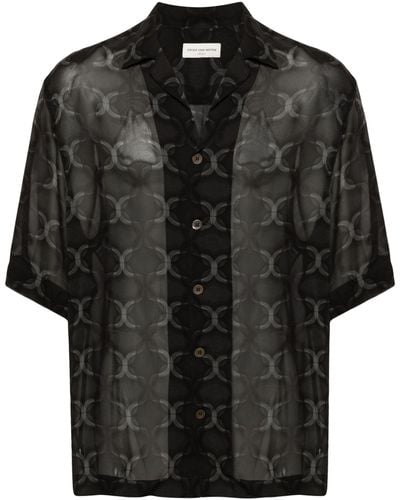 Dries Van Noten Printed Bowling Shirt Antracite In Viscose - Black
