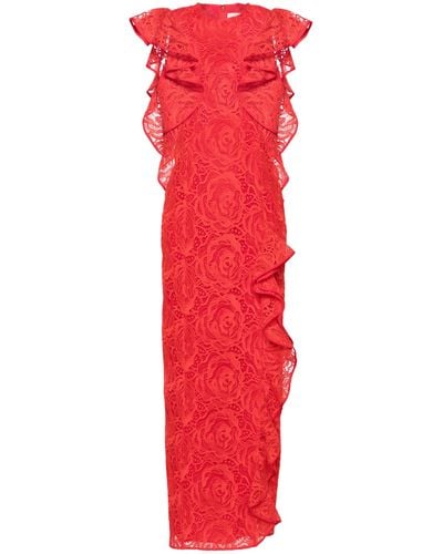 Huishan Zhang Ruffled Guipure-lace Gown - Women's - Polyester/silk - Red