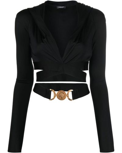 Versace Cropped Hoodie Jersey Top - Black