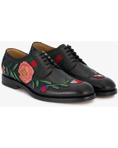 Gucci Floral Embroidered Brogues - Black
