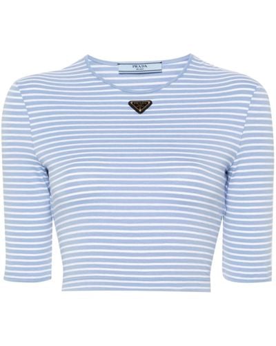 Prada Striped Cropped T-shirt - Blue