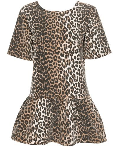 Ganni Leopard-print Peplum-hem Mini Dress - Black