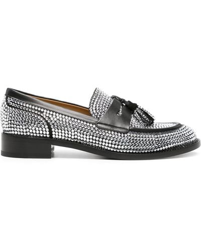 Rene Caovilla Embellished Leather Loafers - Women's - Calf Leather/lamb Skin/crystal - Grey
