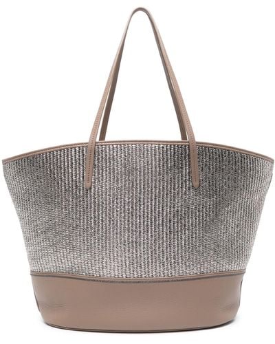 Brunello Cucinelli Straw And Leather Tote Bag - Gray